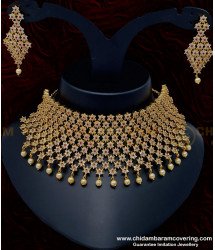 NLC951 - Bollywood Indian Bridal Ad Stone White and Ruby Choker Necklace with Earrings Set