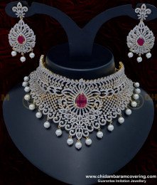 NLC952 - First Quality Heavy Diamond Choker Necklace with Earrings Set for Reception