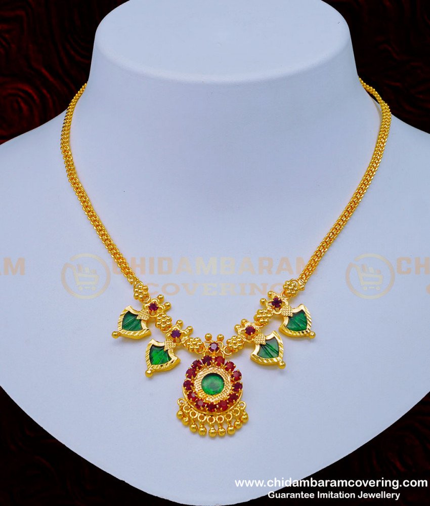 green palakka, palakka mala, palakka necklace, nagapadam necklace, one gram gold palakka necklace, gold plated palakka necklace,