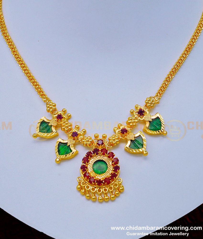 green palakka, palakka mala, palakka necklace, nagapadam necklace, one gram gold palakka necklace, gold plated palakka necklace,