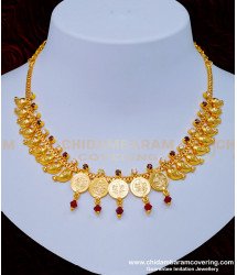 NLC969 - Latest Design White and Red Stone Mango with Lakshmi Kasu Necklace Online