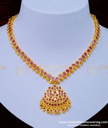 NLC978 - South Indian Bridal Necklace Impon Full Ruby Stone Attigai Design for Women