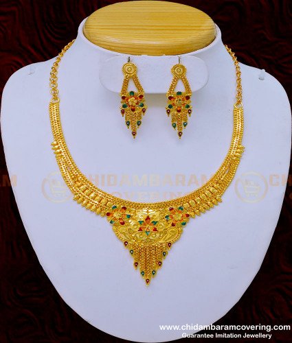 NLC980 - Real Gold Pattern Forming Gold Enamel Earring with Necklace Set 
