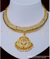 NLC989 - Beautiful Impon 3 Line Multi Stone Gold Design Bridal Attigai Necklace Impon Jewellery Online