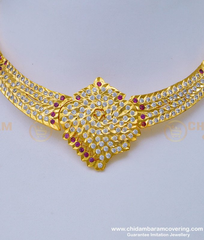 NLC993 - Traditional Sangu Design Stones Attigai Gold Plated Thick Metal Impon Jewellery