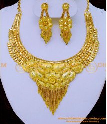 NLC1245 - 2 Gram Gold Forming Plain Necklace with Earrings Set 