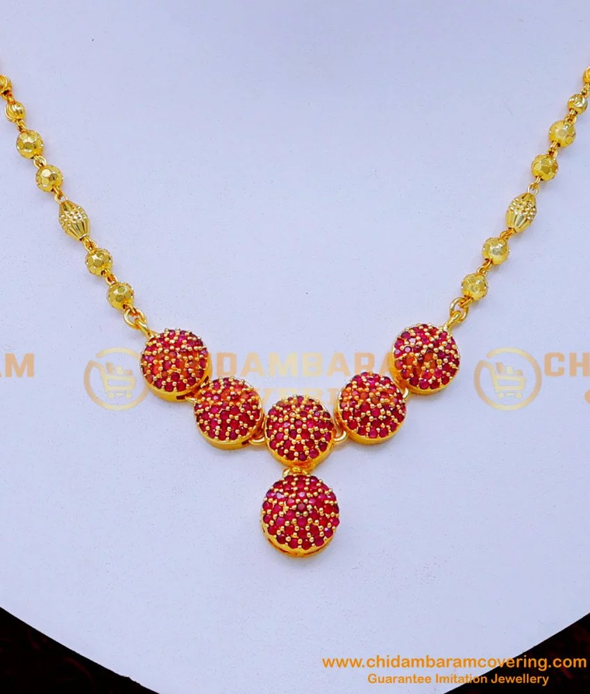 Pretty Gold Finish Ruby Necklace - South India Jewels
