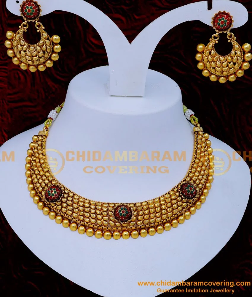 Antique Gold Plated Floral Necklace Set With Jhumka Earring