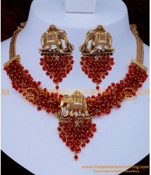 NLC1279 - Beautiful Red Beads with Elephant Design Antique Necklace Set