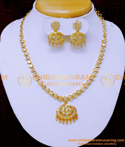 NLC1308 - Gold Design White Stone Traditional Impon Necklace with Earrings
