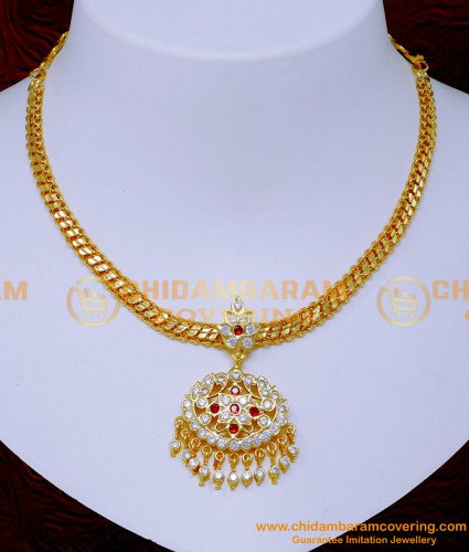 NLC1363 - White Stone Impon Attigai Necklace Design for Wedding