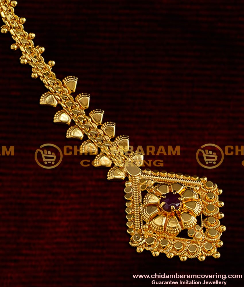 NCT006 - Trendy Diamond Shape Leaf Design Red Stone Gold Plated Nethichutti / Maang Tikka Buy Online
