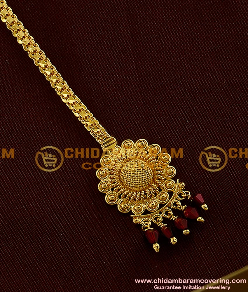 NCT013 - Beautiful Gold Plated Flower Design Forehead Piece / Maang Tikka with Red Ruby Beads Hanging