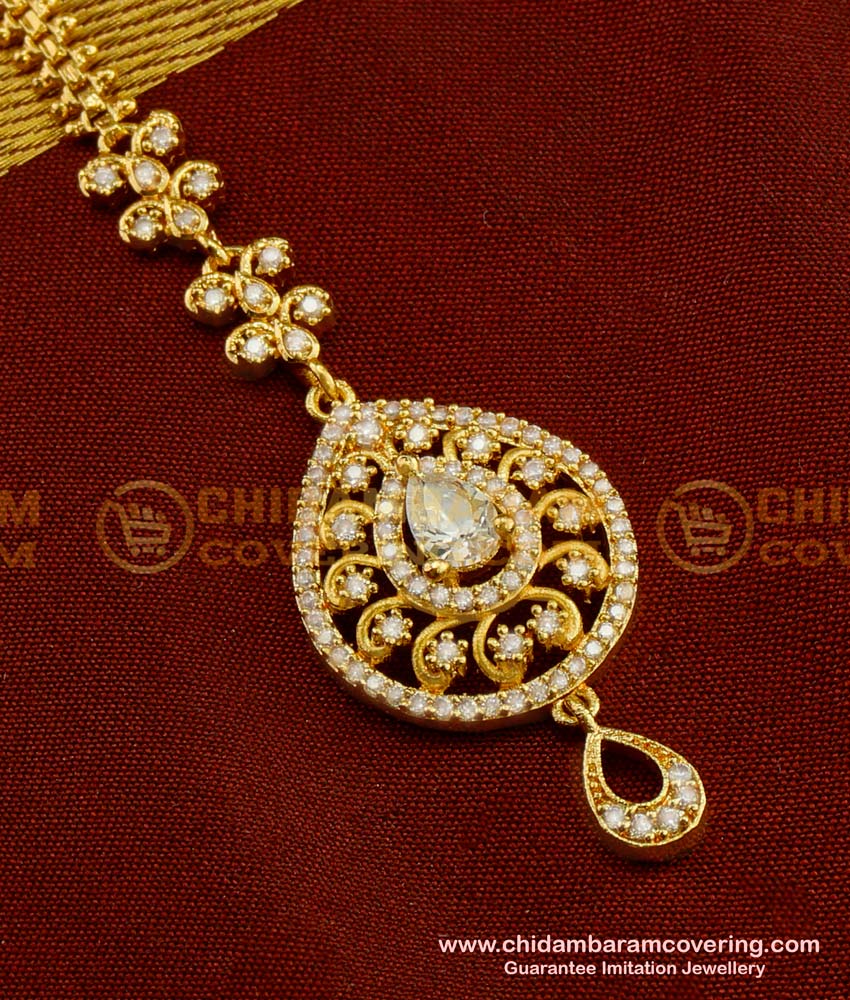 NCT045 - Latest One Gram Gold White Stone Maang Tikka Design for Every Girls