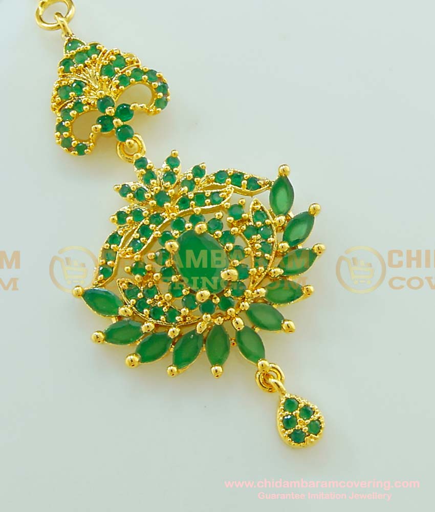 NCT096 - Cute Small Size Emerald Stone Gold Design Maang Tikka for Round Face