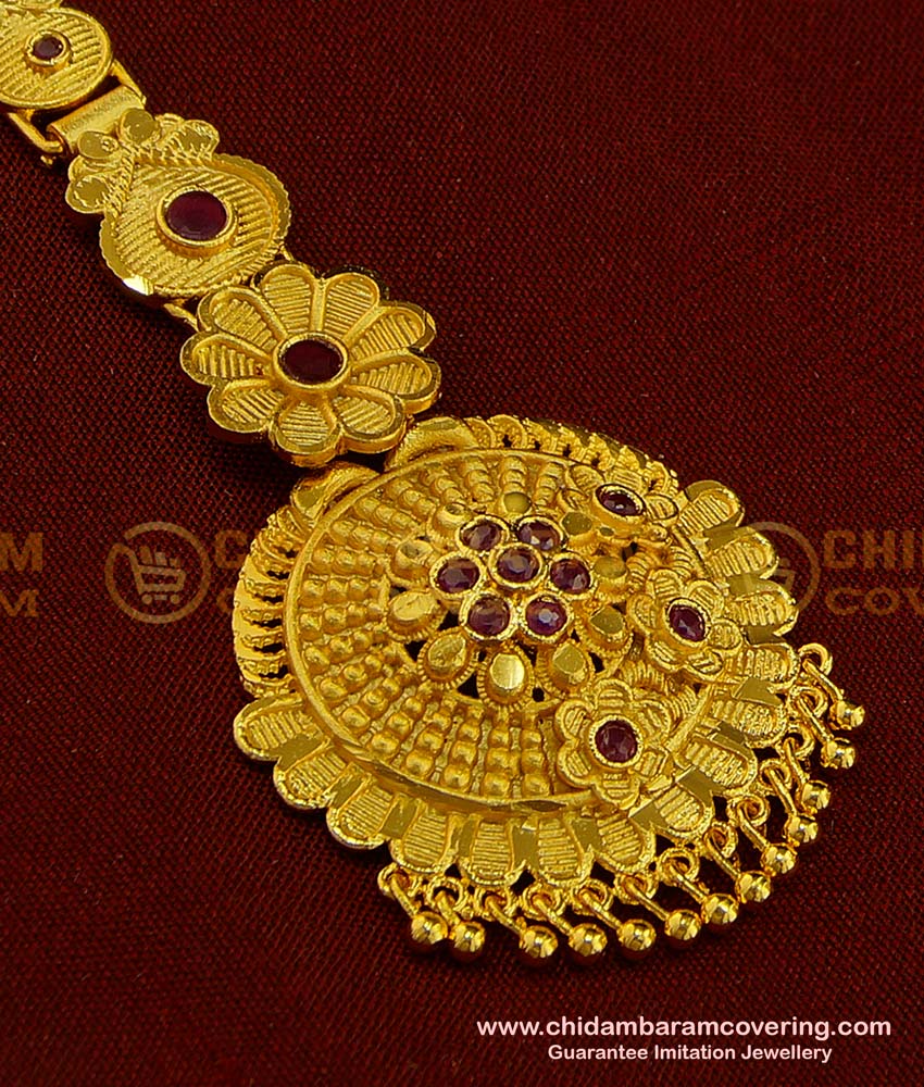 NCT137 - Attractive Gold Look Ruby Stone Flower Design One Gram Gold Maang Tikka Design