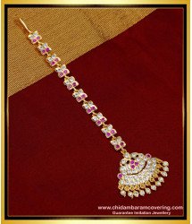 NCT218 - Real Gold Design Gold Plated White and Ruby Stone Maang Tikka for Wedding 