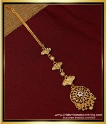 NCT228 - Elegant White and Ruby Stone Maang Tikka Gold Design One Gram Jewellery