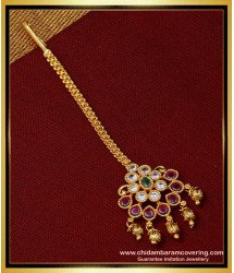 NCT232 - South Indian Bridal Wear Kemp Stone Nethichutti Design 1 Gram Gold Maang Tikka Online