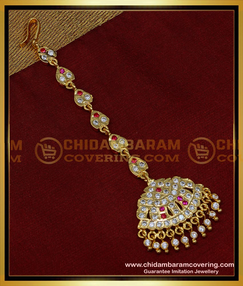 South Indian Bridal Jewellery White and Ruby Stone Maang Tikka 