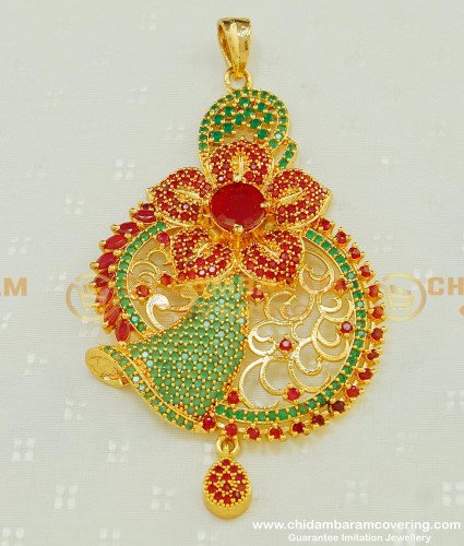 PND050 - Gorgeous Look Ruby Emerald Flower Design Long Pendant Design Online