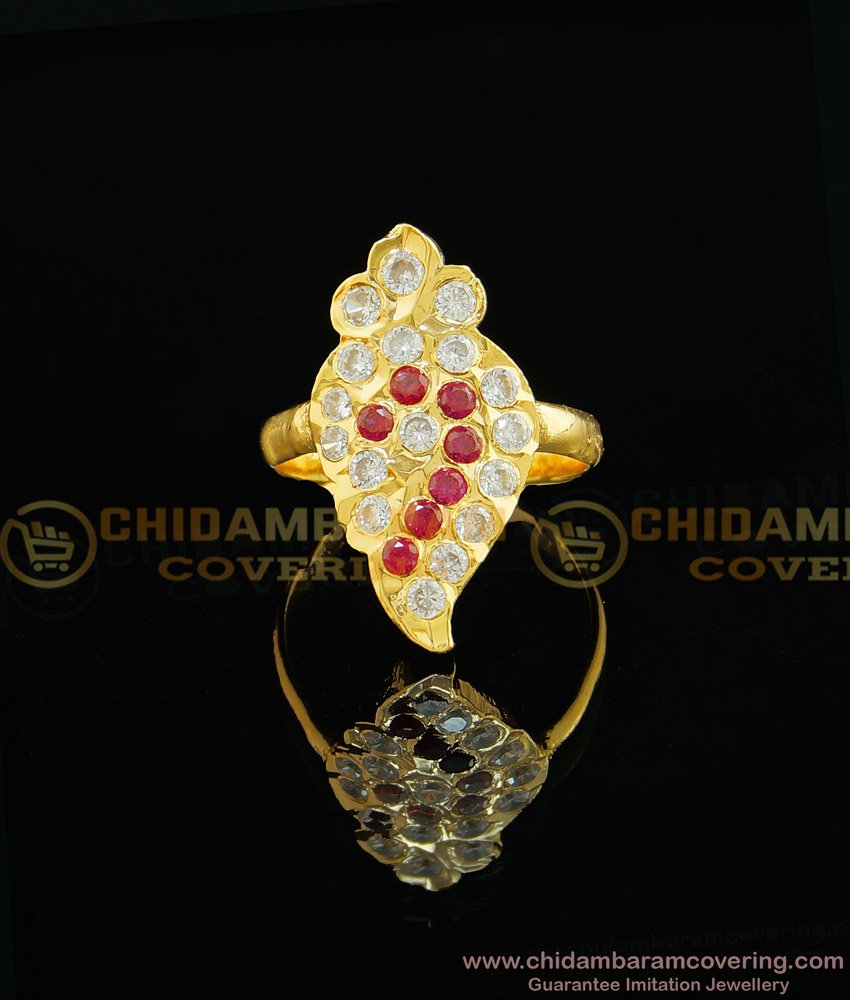 RNG028 - Pure Gold Plated Panchaloha Jewellery Stone Sangu Finger Ring Designs for Female 