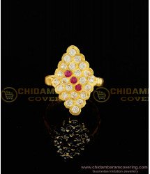 RNG035 - Impon Traditional Gold Design White and Ruby Stone Finger Ring for Female