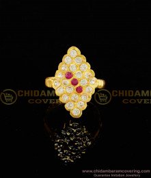 RNG035 - Impon Traditional Gold Design White and Ruby Stone Finger Ring for Female