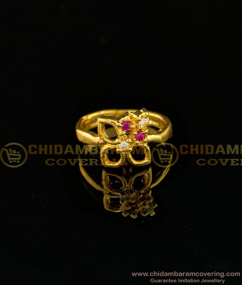 RNG089 - 1 Gram Gold Impon Flower Design White and Pink Stone Finger Ring 
