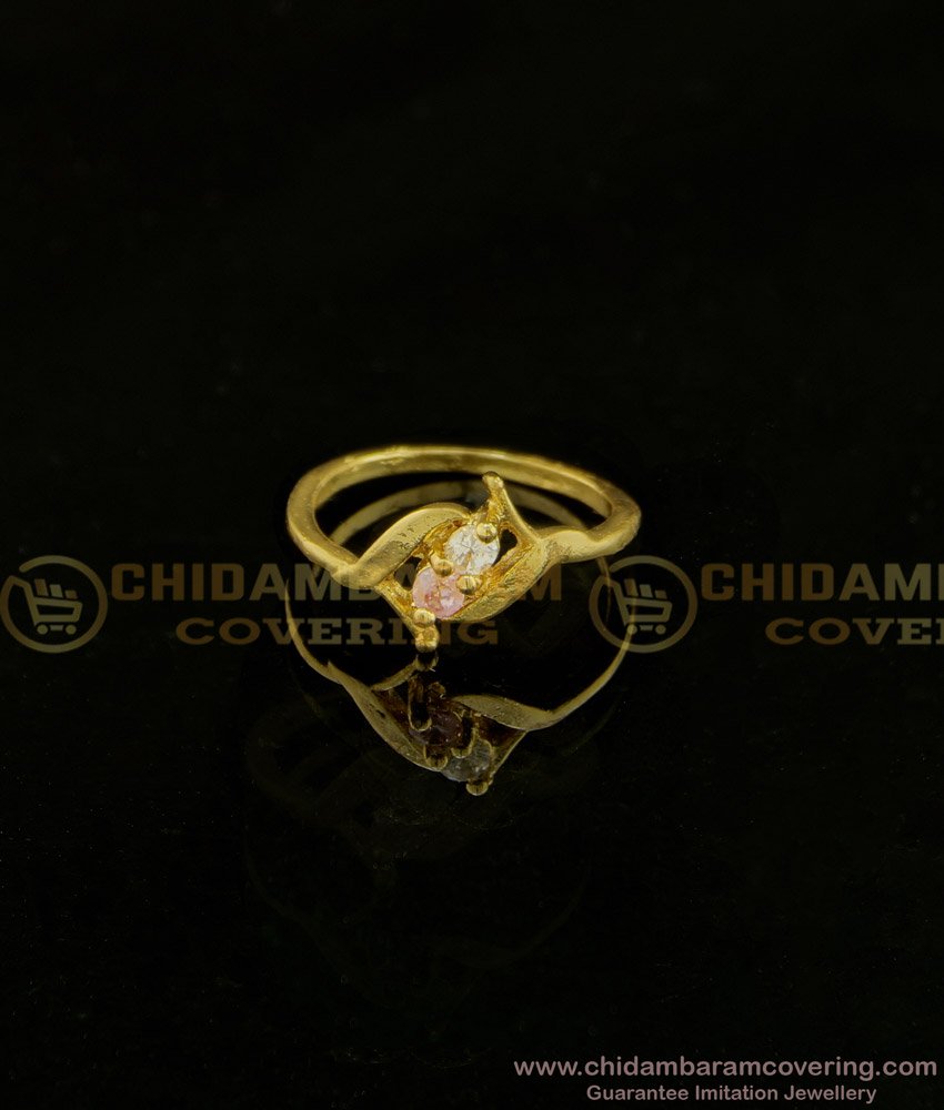 RNG126 - Cute Ring for Teenage Girl One Gram Gold Baby Pink Stone and White Stone Thin Ring 