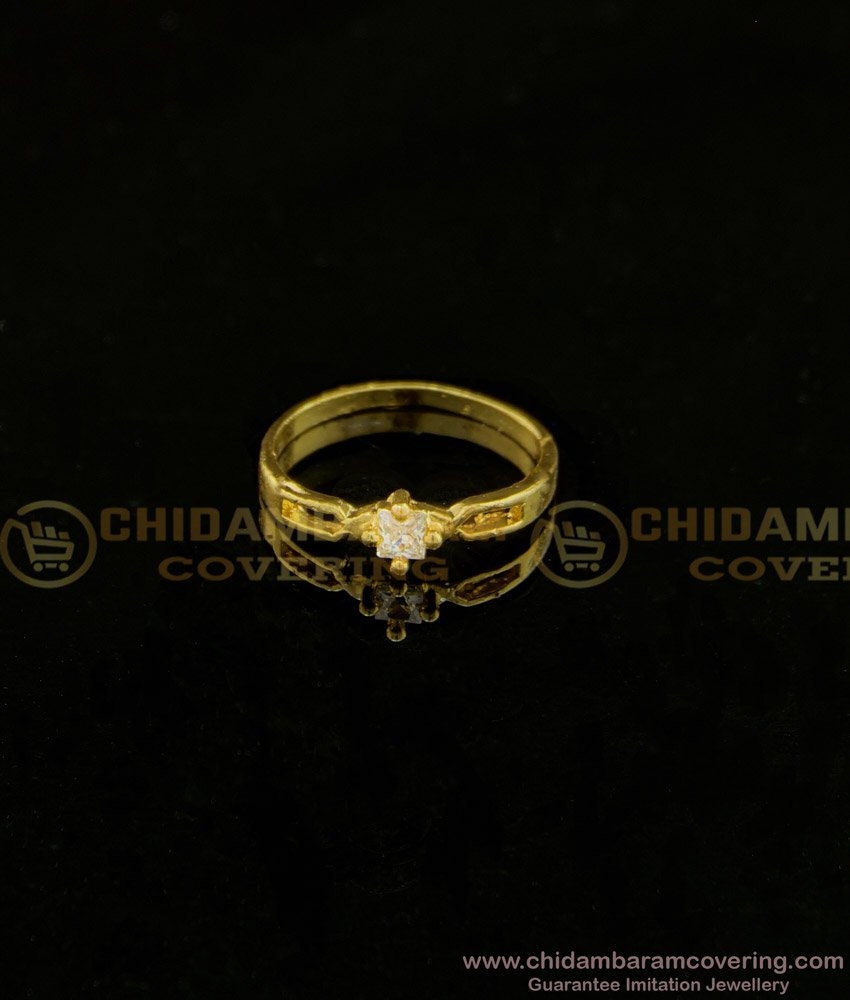 RNG134 - Cute Single Stone Simple Finger Ring One Gram Gold White Stone Ring for Girls 