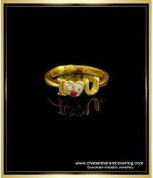 RNG165 - Pure Impon Gold Ring Design White and Ruby Stone Heart I Love You Ring for Girls 