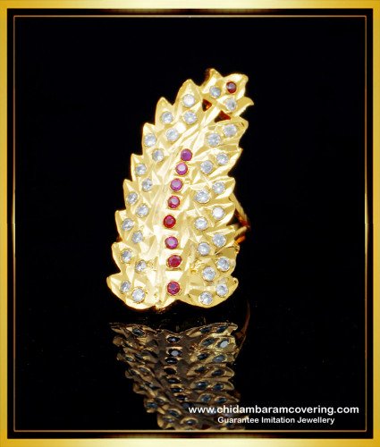 RNG189 - Impon Big Leaf Model White and Ruby Stone Gold Plated Ring for Women