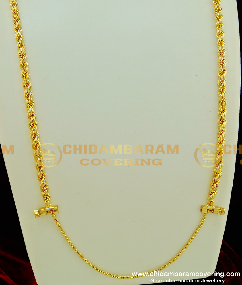 THN34-LG - 30 Inches Long Screw Lock Gold Rope Chain Design Thali Saradu Chain Indian Imitation Jewellery