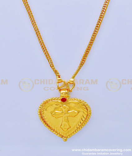 THN57-LG - 30 Inches Pure Gold Plated Daily Use Christian Ruby Stone Cross Heart Pendant Thali Designs